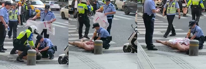 浙江温州恒隆三姐妹街头惊现裸男，当街骚扰女性，见女的就趴倒，直接送进精神病院