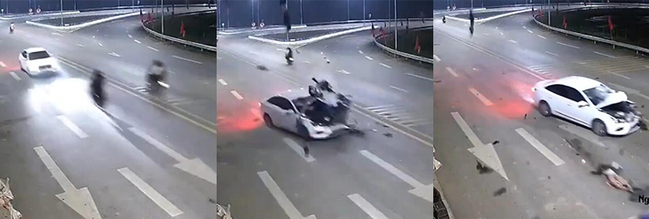 越南情侣骑机车超速逆行 被轿车撞飞至空中旋转三周半 情侣双双殒命当场 宁绕百步远 不抢一步险啊！