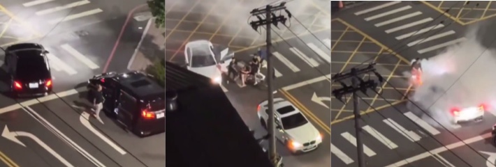 台湾台中一阿伯手持灭火器拦飙车党 反被球棒围殴群殴！