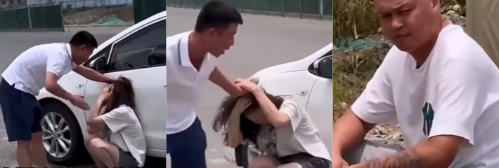 女子大白天和男的在车里偷情，被老公抓个现行！要她现场吃男小三的鸡巴！