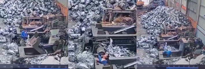 近日 一回收金属加工厂工人因违规作业在液压机下停留被机器碾压死亡，监控还原了当时令人揪心的画面！