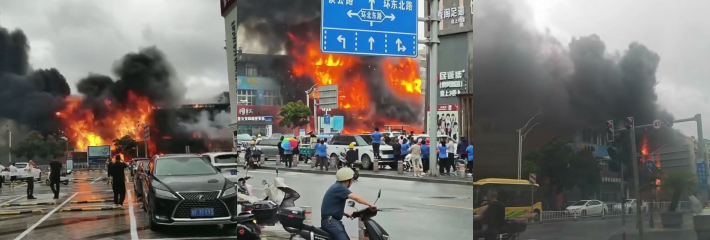 浙江省嘉善县 电车自然引发严重火灾 整栋建筑火光通天浓烟四起