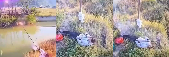 钓鱼佬甩杆触碰到高压电 鱼竿直接被炸烂 鱼没钓到人麻了 钓鱼佬重伤倒地 拼命呼唤身边同伴 ！