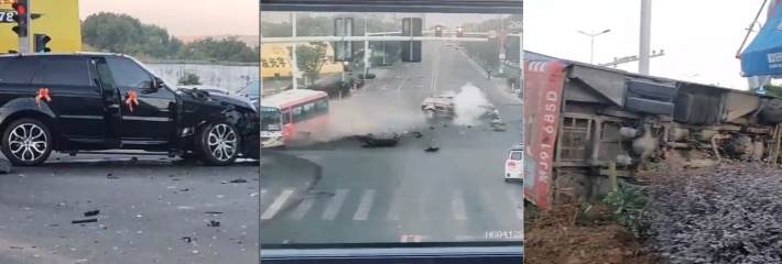 10月22日台州市玉环楚门镇府红绿灯路口发生一严重通事故，公交车给婚礼路虎撞翻了，究竟谁闯红灯？