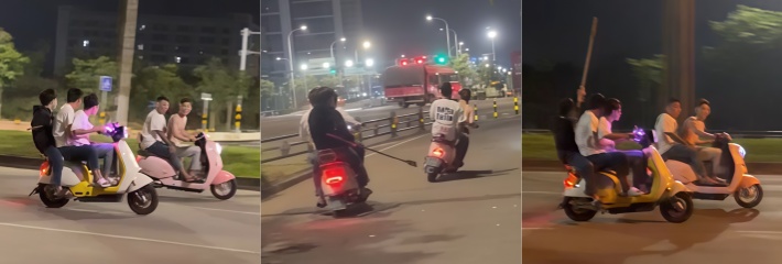 海南海口 三名精神小伙 骑鬼火持砍刀追杀两名男子 现场视频曝光