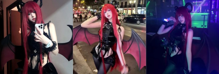 高颜值留学生COSER 小恶魔超性感穿搭 一条黑丝就可以直接出门 这衣服不会勒逼吗！