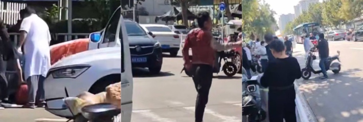山东泰安小贩城管冲突惨剧 五马市场前摊贩怒火中烧 与执法者激烈对峙后 竟在城管车前拔刀自刎