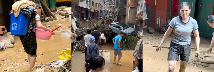 贵州黔南州罗甸县遭遇强降雨袭击 城区街道被洪水淹没 居民涉深水紧急转移