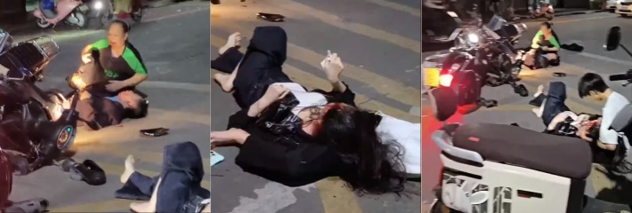 潮州潮安区摩托车祸，可怜的妹子满头是血 挣扎了几下就倒在了男友的怀里！