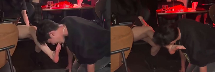 真是猎奇啊 美女酒吧新收男奴 当场开启舔脚调教 怪不得这么多女人爱去酒吧呢!