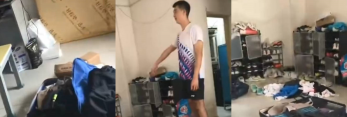 抖音网红田狗灿一去运动员宿舍 拿行李箱偷袜子内裤被抓到了 地上全是衣服真的绝了！