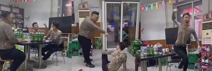 纹身社会小伙喝点马尿就不知道自己是谁了 连路人都要打！