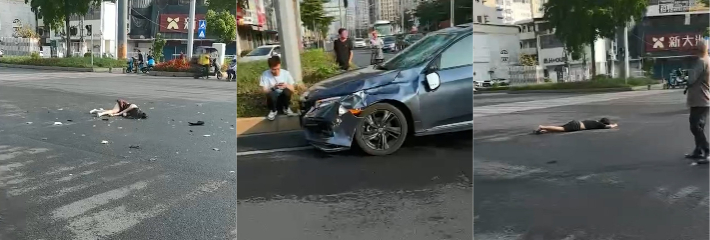 广东潮州 鬼火少年载妹闯红灯撞翻轿车 精神小妹没戴头盔当场惨死