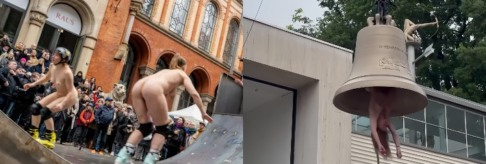 威尼斯双年展奥地利女艺术家 弗洛伦蒂娜霍尔辛格 半裸倒挂巨钟内疯狂撞响