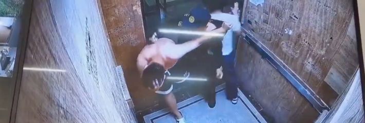 家暴男电梯内殴打女性被监控拍下 保安大哥上前制止无效只能将其痛扁一顿！