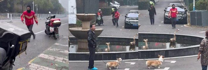 外卖小哥跟保安激烈交锋 拖把互攻场面混乱 纠纷虽小易酿大祸 生活不易何必拳脚相加！