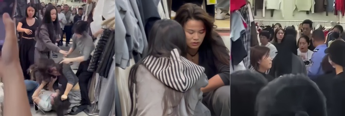 服装店门口 两女子上演街头格斗女神之争 薅头发地面缠斗 下手快准狠！