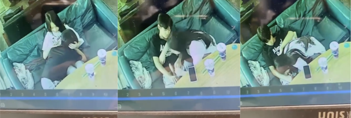 云南富宁县西西奶茶店监控曝光 一情侣趁四周无人在座位上就吃起了棒棒糖！