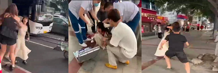 女子打架凶狠，刀光闪烁，围观男子懦弱无用，黑衣男只敢偷摸胸部，毫无担当，场面混乱不堪！