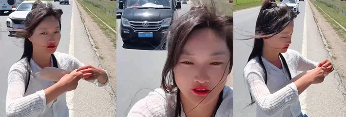 突发事件 户外女主播 盈盈徒步西藏青藏线 马路上直播 被车撞飞！