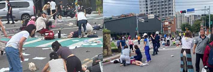 台湾新北市北大国民小学外 78岁余姓男子驾驶小轿车闯红灯并以极快的速度冲撞10余人 疑似报复社会