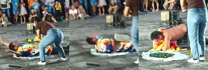 街头表演失误 壮汉胸口碎大石翻车！肋骨断裂血溅舞台，老婆当场崩溃痛哭