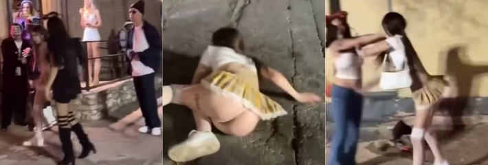 国外精神小妹丁字裤打架 火辣夜巷狂野对决 暴露大胆的街头女王！