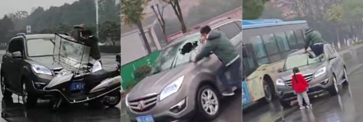路怒症电动车大哥 被溅水后当街砸车暴打车主 现场实拍视频流出疯传！