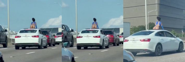 天气热了把逼拿出来透透气 女子行车途中裸露下体钻出天窗 扭动翘臀惊呆过路司机！