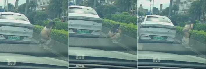 广西南宁街边 车牌桂A23678车上的一名女子下车在马路上方便 连衣裙脱掉就开始拉！