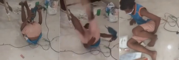 印度阿三的离谱操作 惊呆了老铁们 电钻插屁眼 捅破短裤后差点疼死！