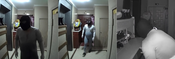 变态头套男 全副武装夜袭鞋柜 偷鞋打飞机 监控曝光笑翻全网！