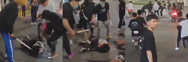精神小伙街头围殴白衣男 铁棍狂抡头破血流 受害者爬起摇晃逃命 围观者尖叫手机狂拍！