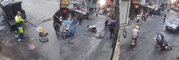 温州一环卫工人故意乱扔油污垃圾 导致多名行人骑车摔倒 不是老人变坏了，而是坏人变老了！