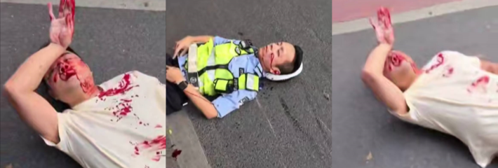 广东潮汕街道发生车祸 一轿车撞人后不停车 交警英勇拦车被撞飞 交警叔叔太拼了！