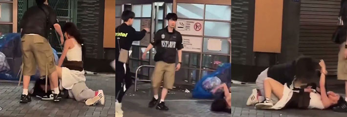 日本街头日本人跟棒子发生冲突 男女混合双打白衣妹被偷袭挨拳 现场视频流出