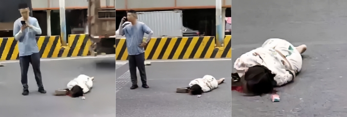 广东普宁 一女子鲁莽横穿马路被货车撞飞头部受创血流一地当场死亡 现场盖布遮尸!