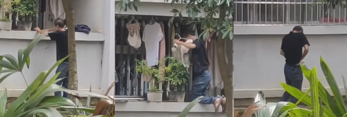 广东肇庆一猥琐男偷女人内衣塞裤裆 被对面楼拍了个正着 一把年纪了还这么会玩