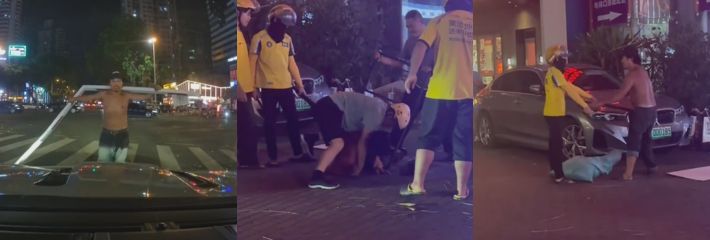 海南海口市一上身赤裸的男子当街袭击行人及车辆 被多名外卖小哥制服且外卖小哥立下大功！
