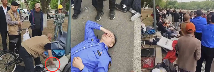 沈阳板砖拍城管事件 城管不让老头摆地摊 被老头用板砖当场拍倒 双视角完整版!