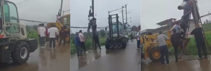 河南汝州杨楼镇 雨天电杆作业 工人遭高压电击惨死 尸体卡杆上费劲抬下