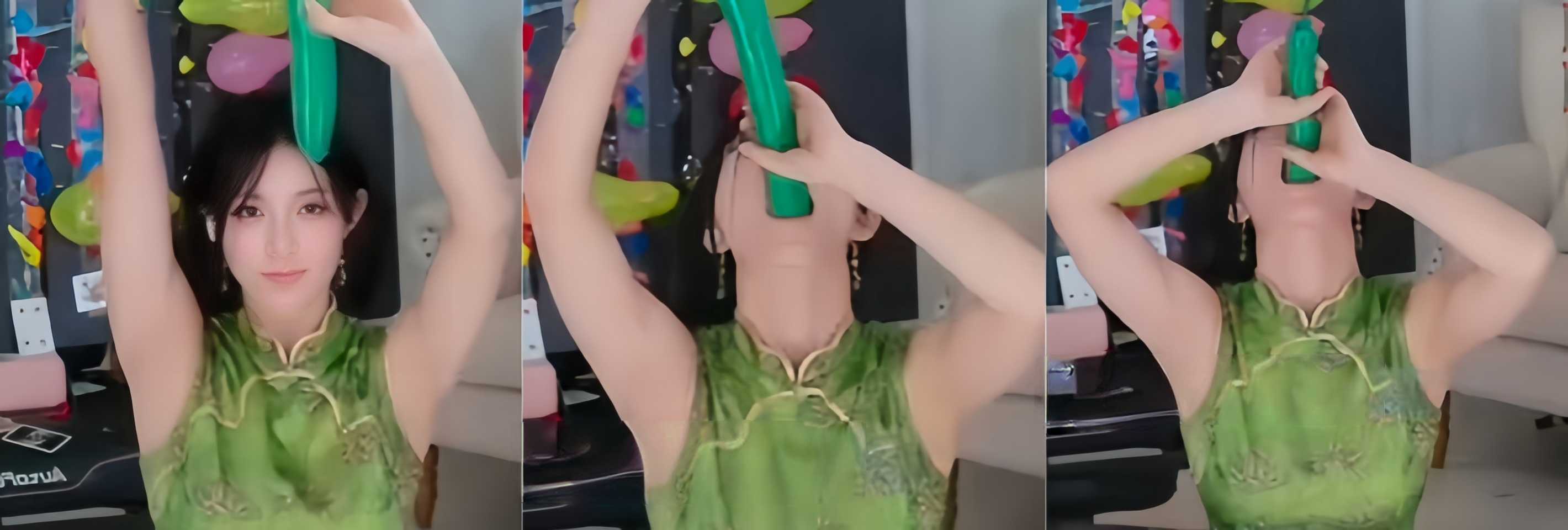 极品女主播 身穿绿色旗袍生吞长气球 直播绝活色气满满 让人看了都想把鸡巴塞进她嘴里！