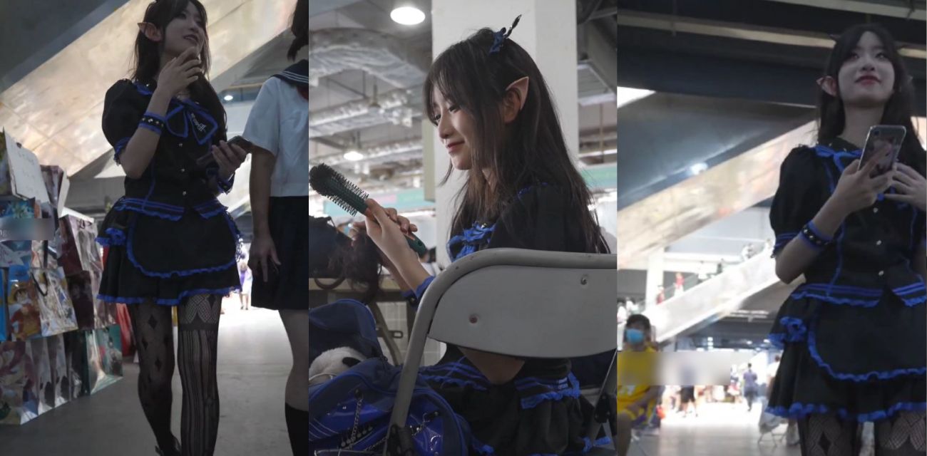 街头抄底偷拍！蓝色偶像服精灵耳美女逛街 上扶梯时被抄底 黑丝花纹袜搭配白色小内裤！