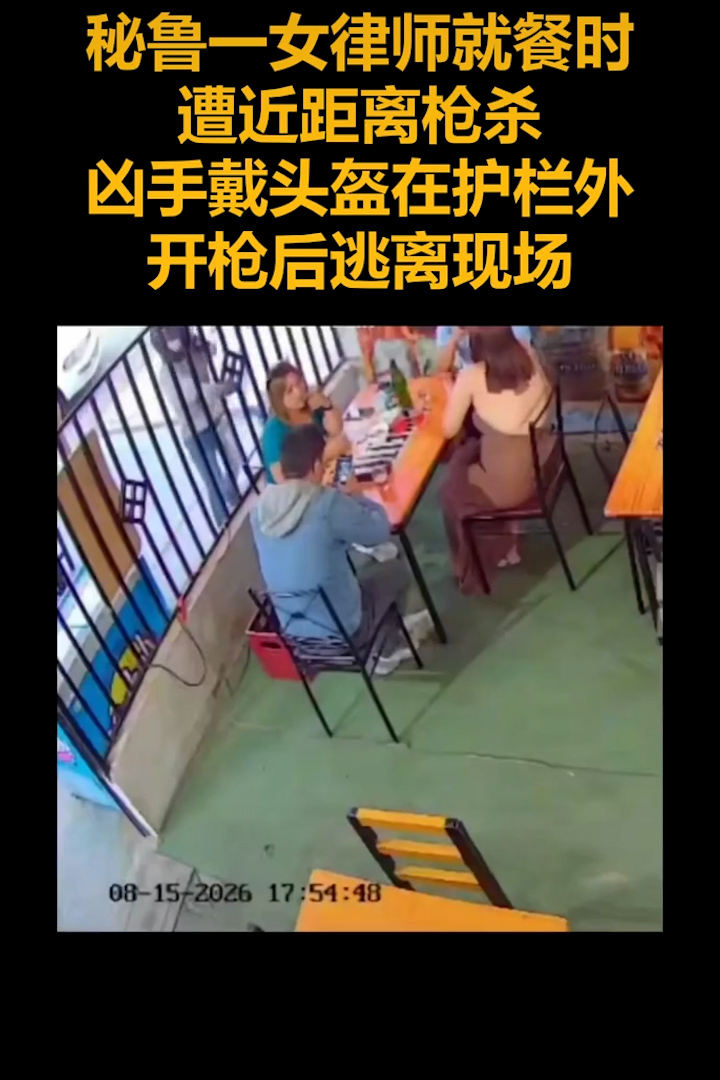 秘鲁女律师 在餐厅遭头盔男从店外近距离开枪射杀后脑 监控拍下全程凶残至极