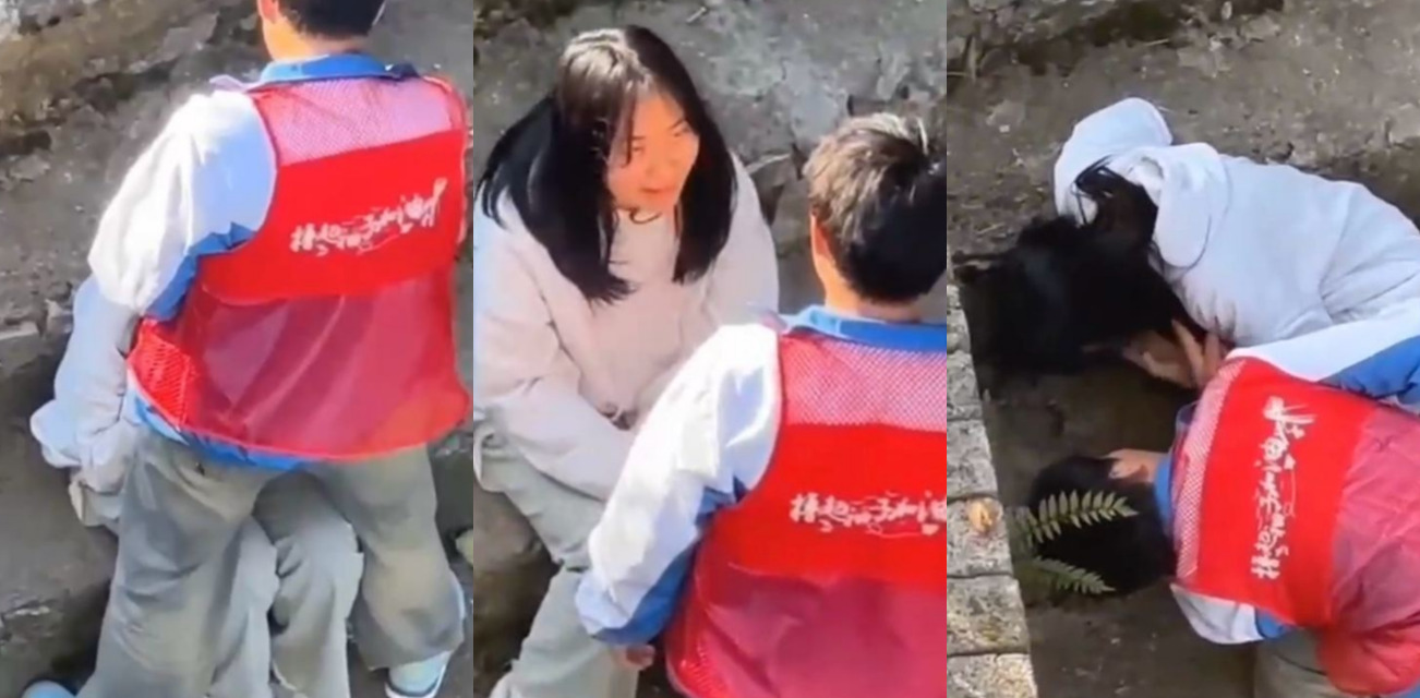 饥渴男子大白天在野外 站在台阶上让女友帮忙口交 口爆吞精把女友都整吐了！