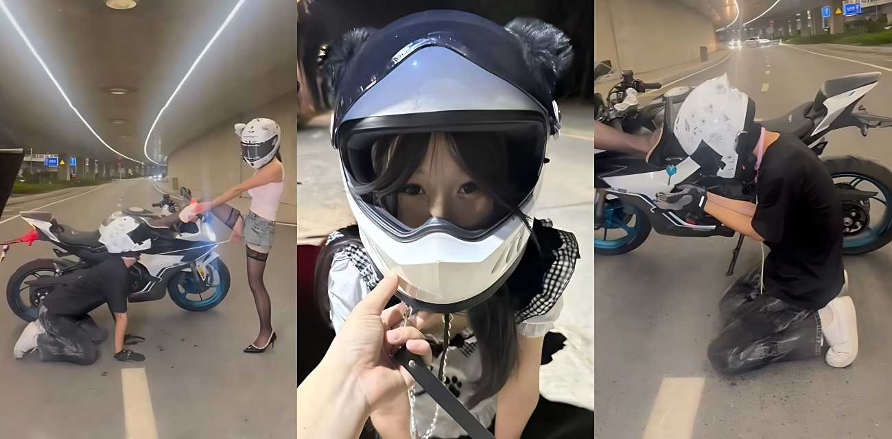 摩友圈炸裂吃瓜，春风450车主 给黑丝机车女当狗视频传遍全国摩友圈，看起来挺干净阳光的男主在大马路上直接跪下给女主当狗