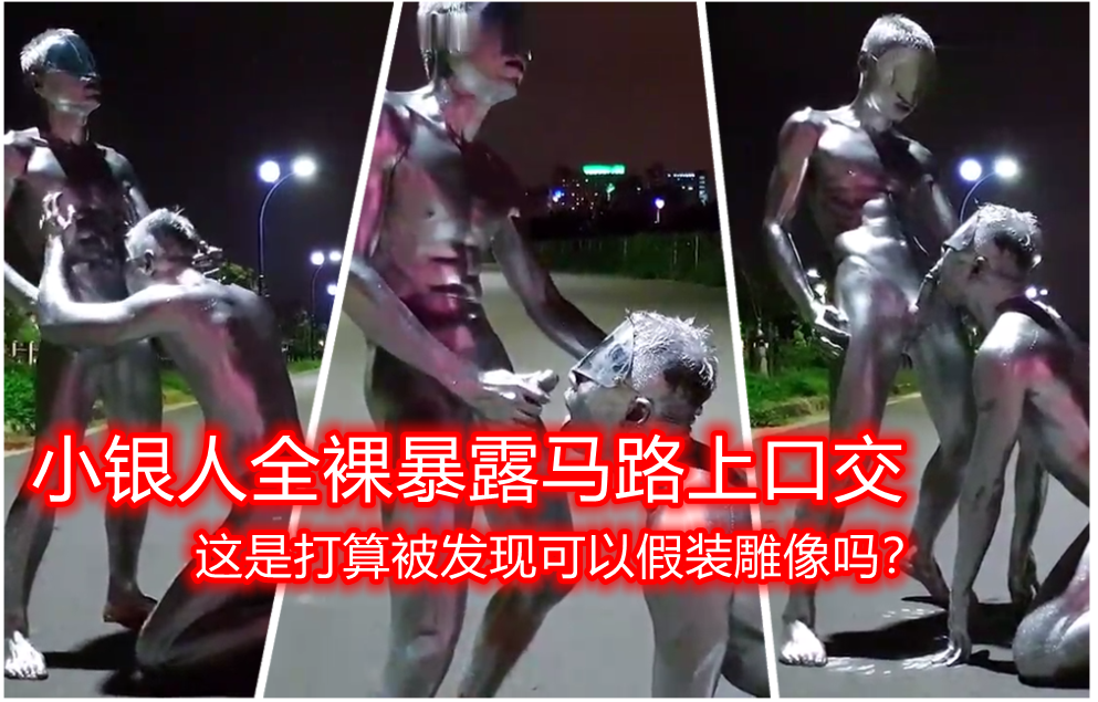 连鸡巴都涂成银色 在马路上全裸口交 这是打算有人路过直接装雕像吗