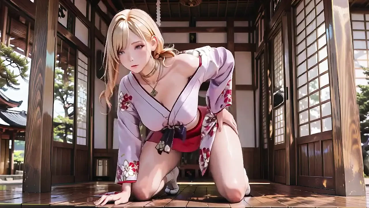日本走廊上的金发女神, 懒惰的目光, 手放在臀部, 阳光浸透她的皮肤.