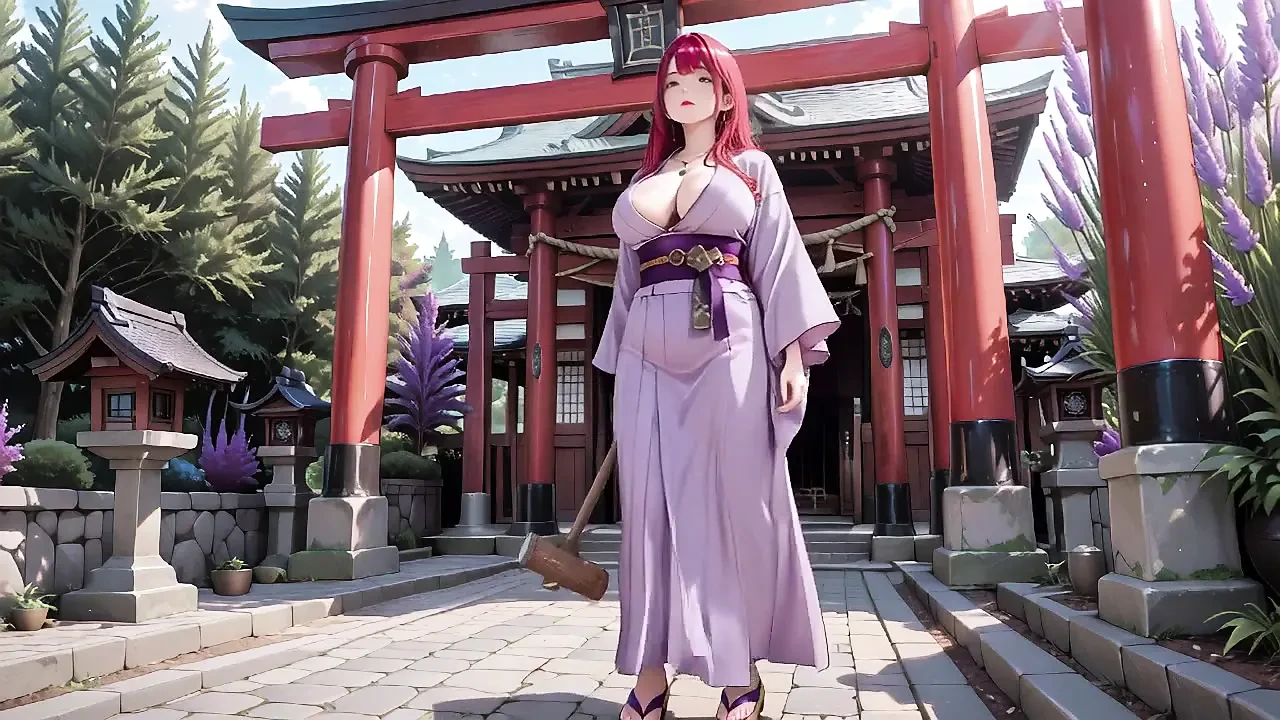 红发和服女神! 跪在神圣的鸟舍门下, 她用害羞的目光调整她浸透的脱背衣服.
