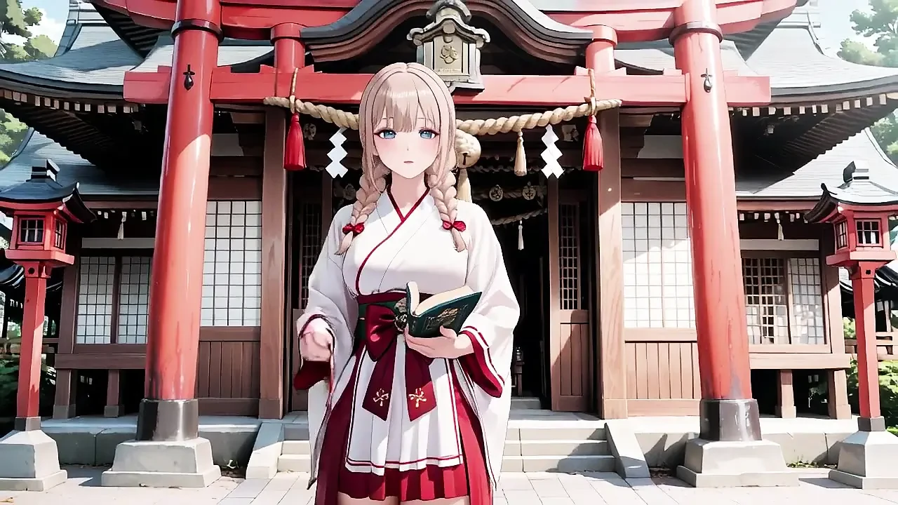 Red & White Miko！神社禁忌相遇，金发在神圣的长袍下颤抖，从庄严的跪着到模糊的目光